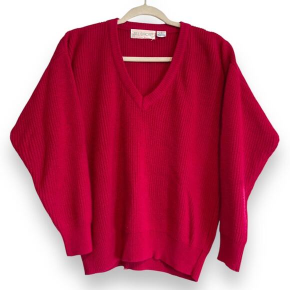 Womens Vintage 80s J&L Sports Hot Pink Low V Neck Cable Knit Sweater Size Medium - Picture 1 of 16